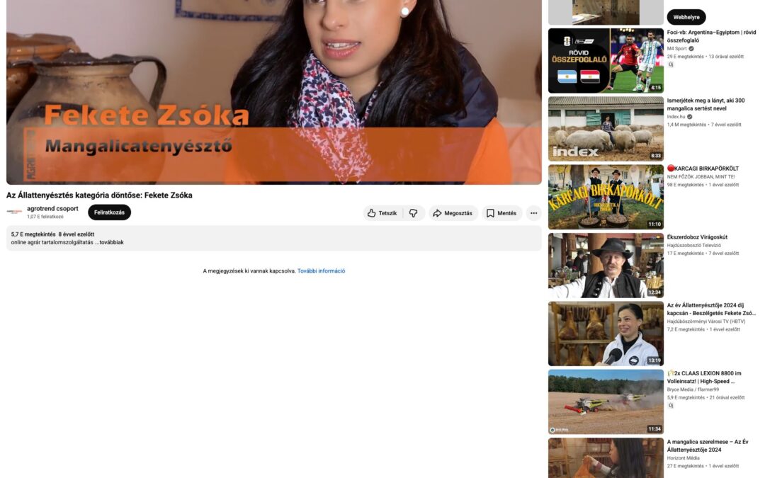 YouTube: Az Állattenyésztés kategória döntőse: Fekete Zsóka